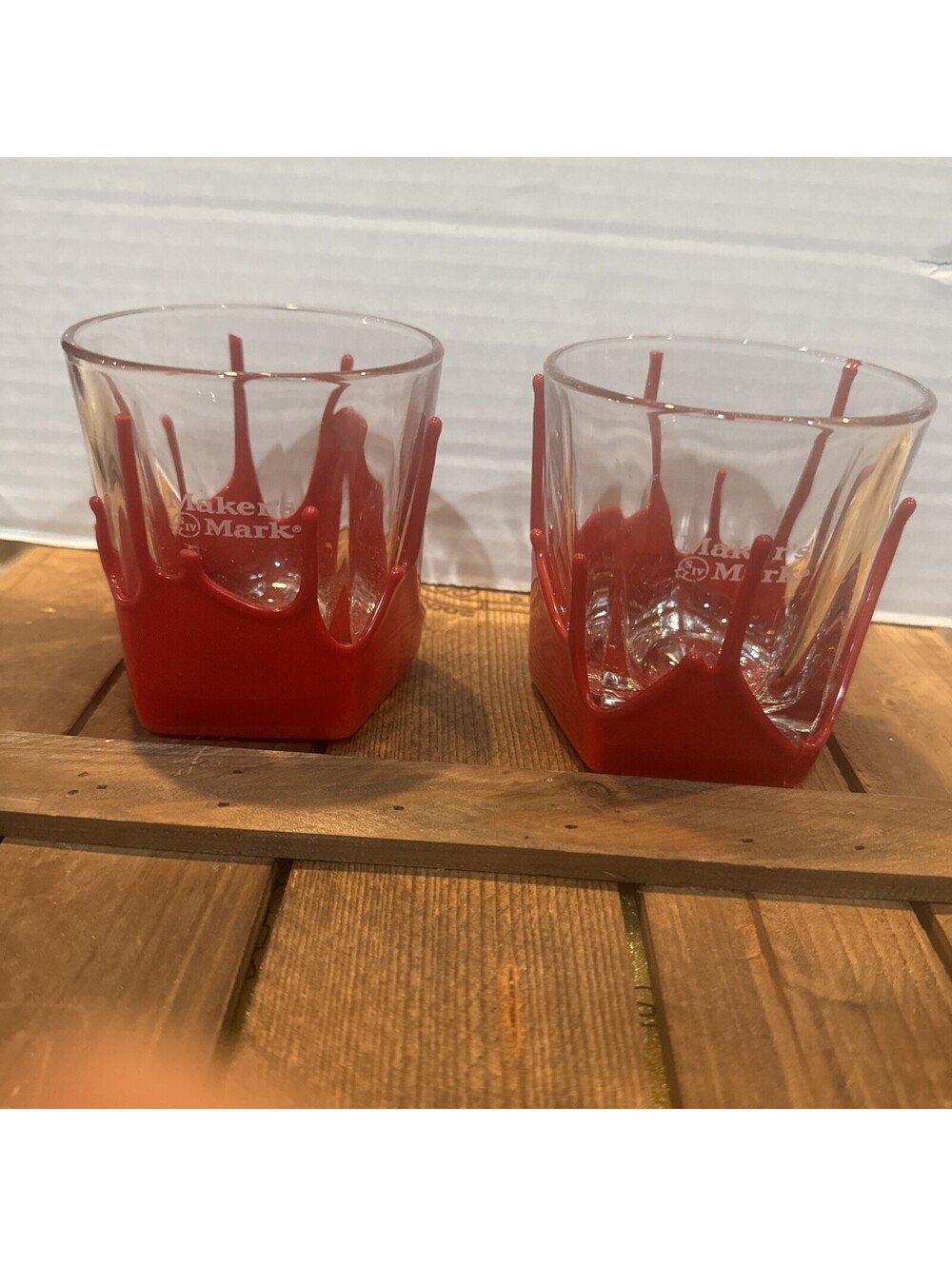 Makers Mark Red Wax  Dipped Drip Whiskey Tumbler Glasses Set of 2 see pics
